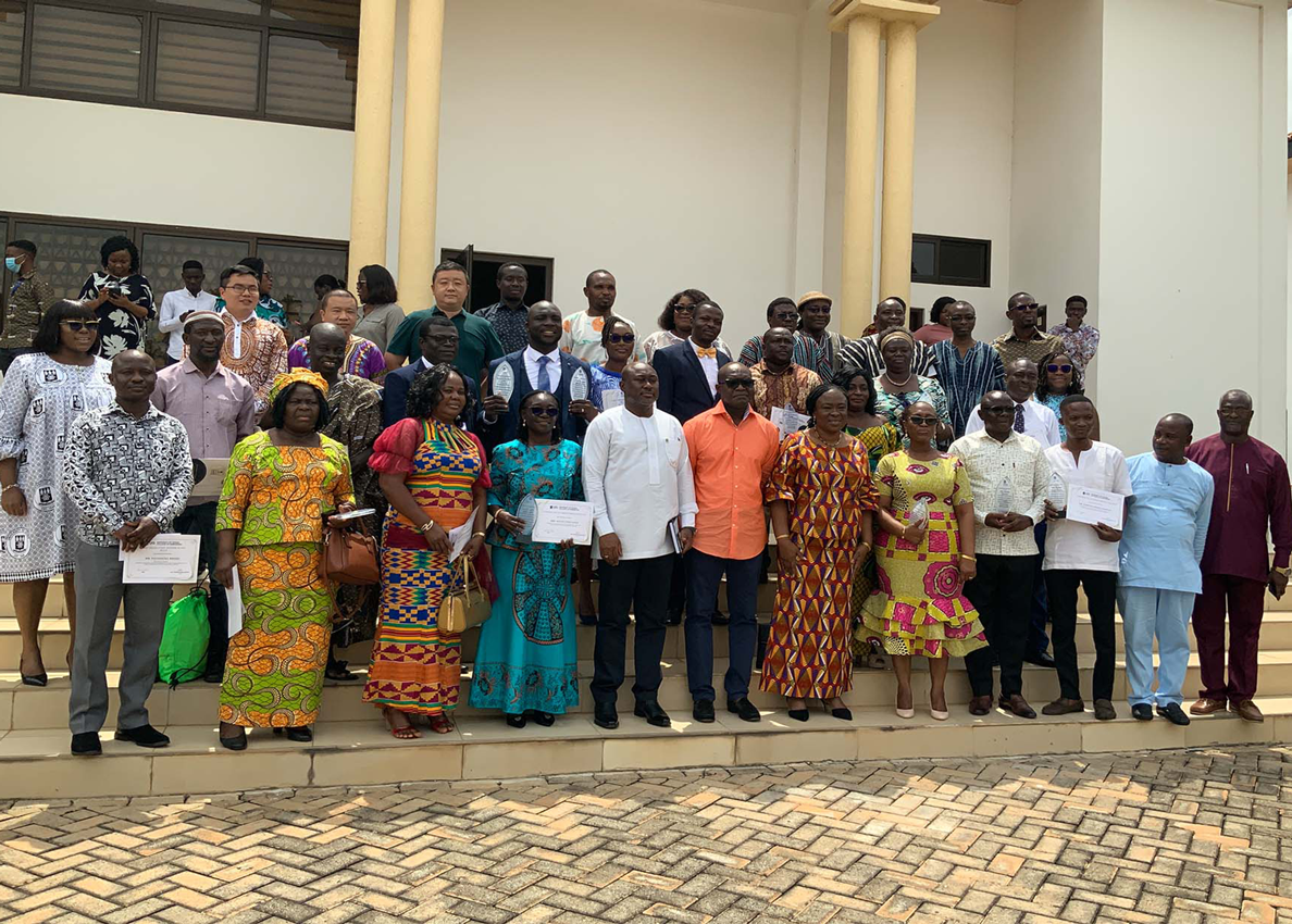 Awardees in a group photo with Prof. Awandare, Prof. Ofori, Mrs. Agyei-Mensah, and other dignitaries  