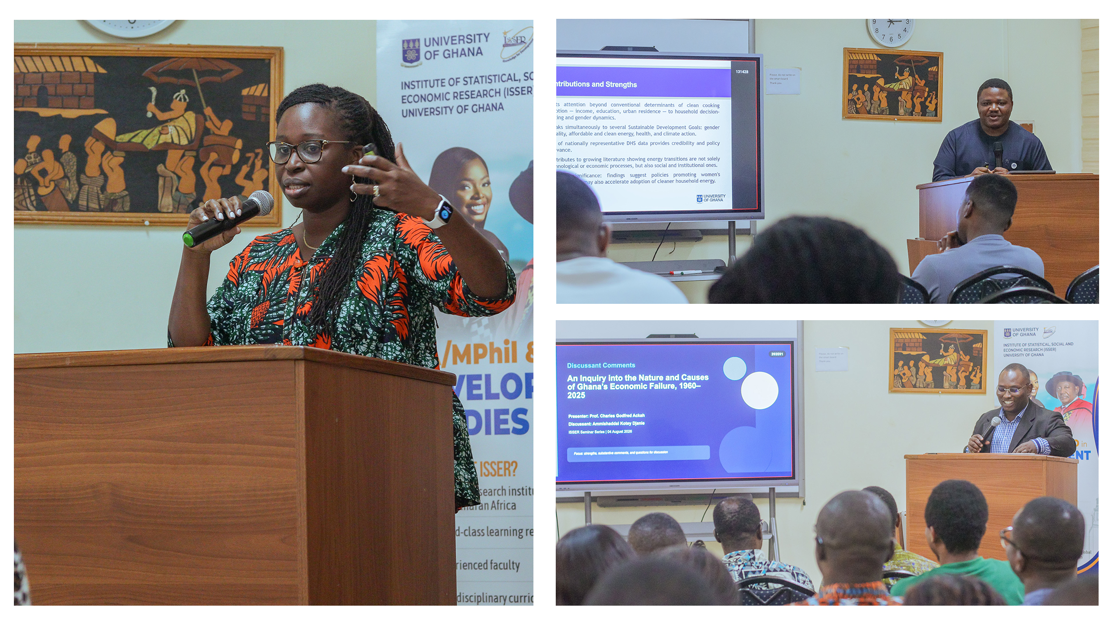 ISSER PhD candidates Mrs Tawiah Agyarko-Kwarteng, Mr Alfred Godwin Adjabeng and Mr Ammishaddai Kotey Djanie serve as discussants at separate ISSER seminars.