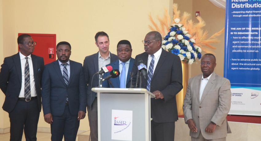 Prof. Aryeetey (speaking) is joined by ReFinD Management Team members (l-r: Carl Ashie, Prof. Francis Annan, Prof. Quartey [4th], Dr. Ameyaw [extreme right]) and representative from the Bill and Melinda Gates Foundation, Seth Garz to launch the research initiative